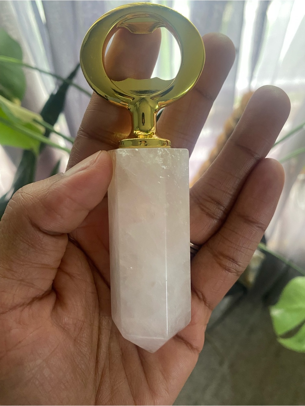 Golden-Top Rose Quartz Crystal Bottle Opener
